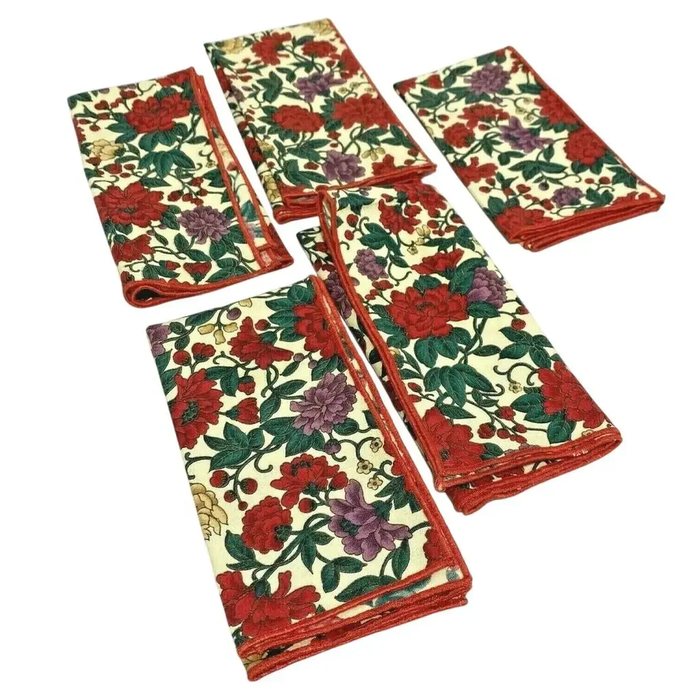 Vintage Fabric Napkins (5) 1980's Cocktail Dessert Sized Red Green Gold Floral